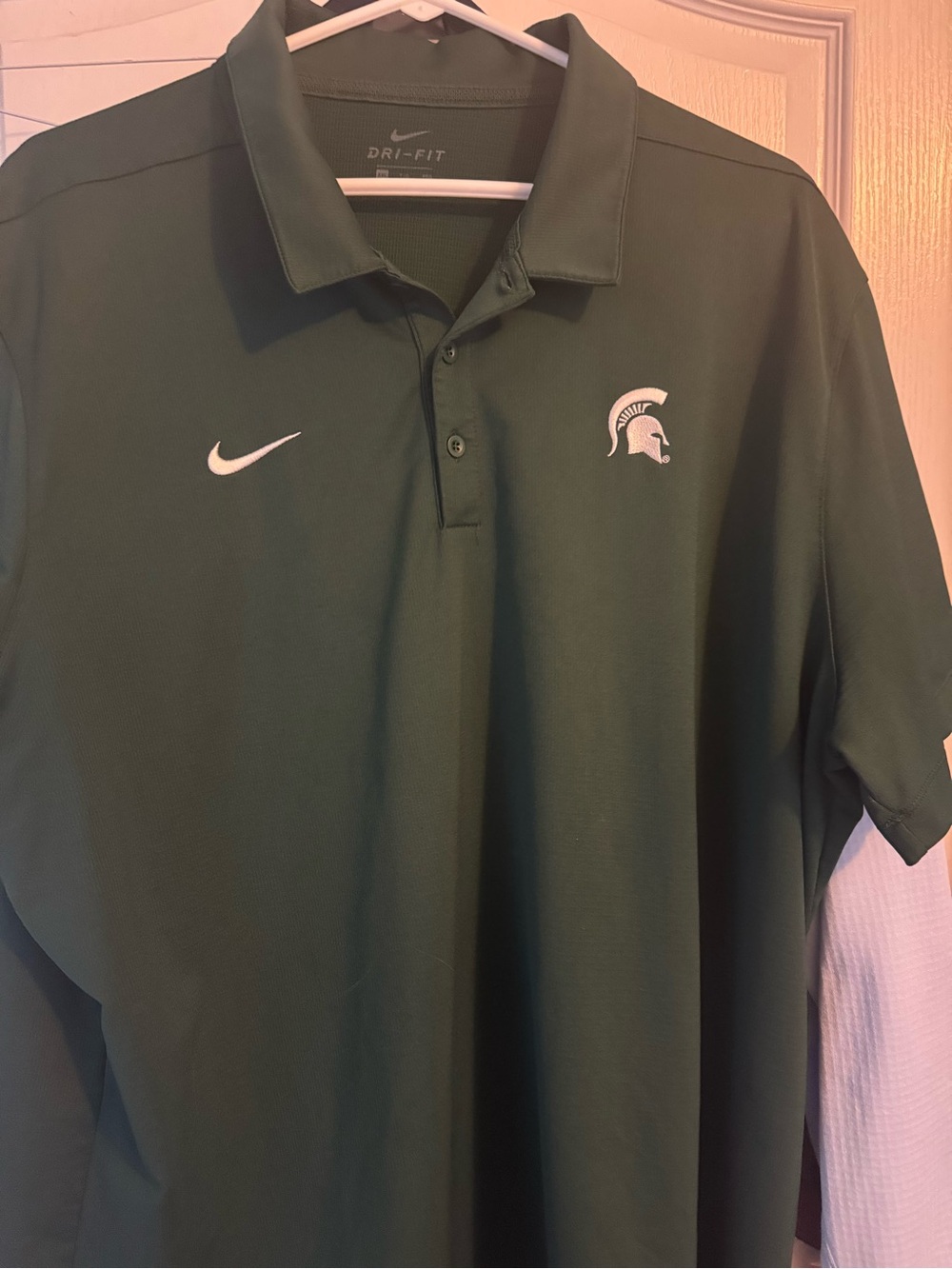Nike Men's Dark Green Dri-FIT Polo with Spartan Logo